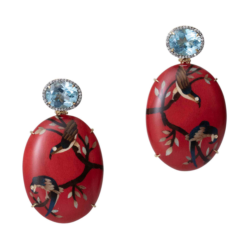 Oval Blue Topaz Red Bird Earrings