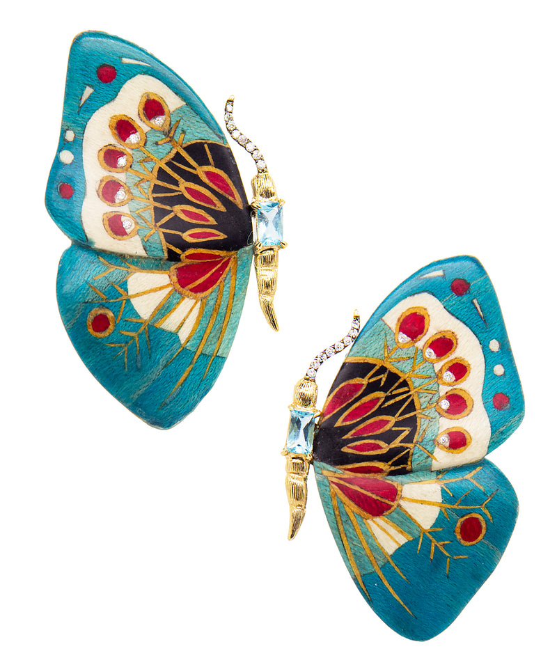 Marquetry Butterfly Earrings, Diamond and Apatite