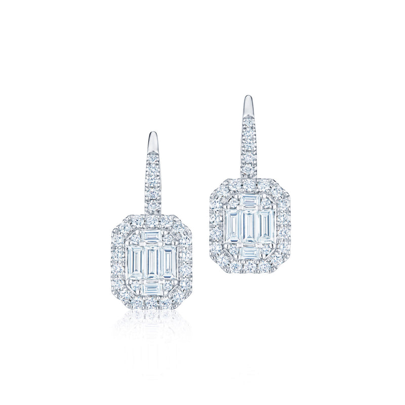 Sunburst Emerald Cut Diamond Drop Earrings with Halo