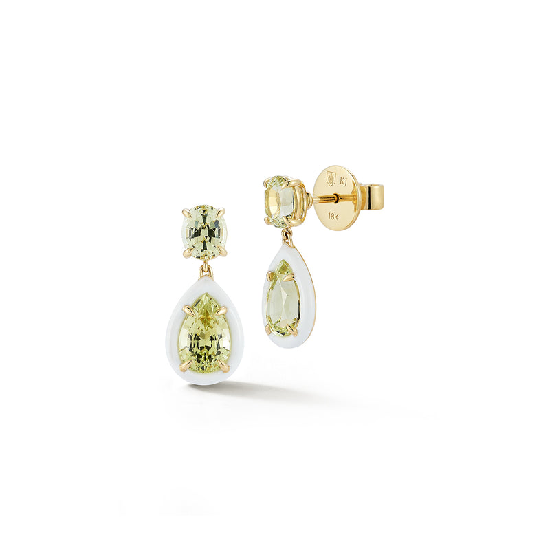 Yellow Chrysoberyl + White Enamel Drop Earrings