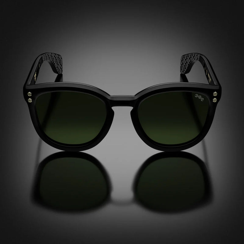 Hoorsenbuhs Model II Sunglasses, Black Frame with Vintage Green Lens and 24K Gold Trim Hardware  Vintage Green Lens Handmade in Japan