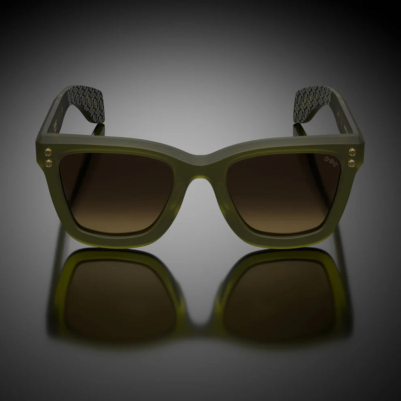 Hoorsenbuhs Model I Sunglasses, Matte Army Green Frame with 24k Gold Trim/Hardware and Brown Gradient Lenses. Handmade in Japan.