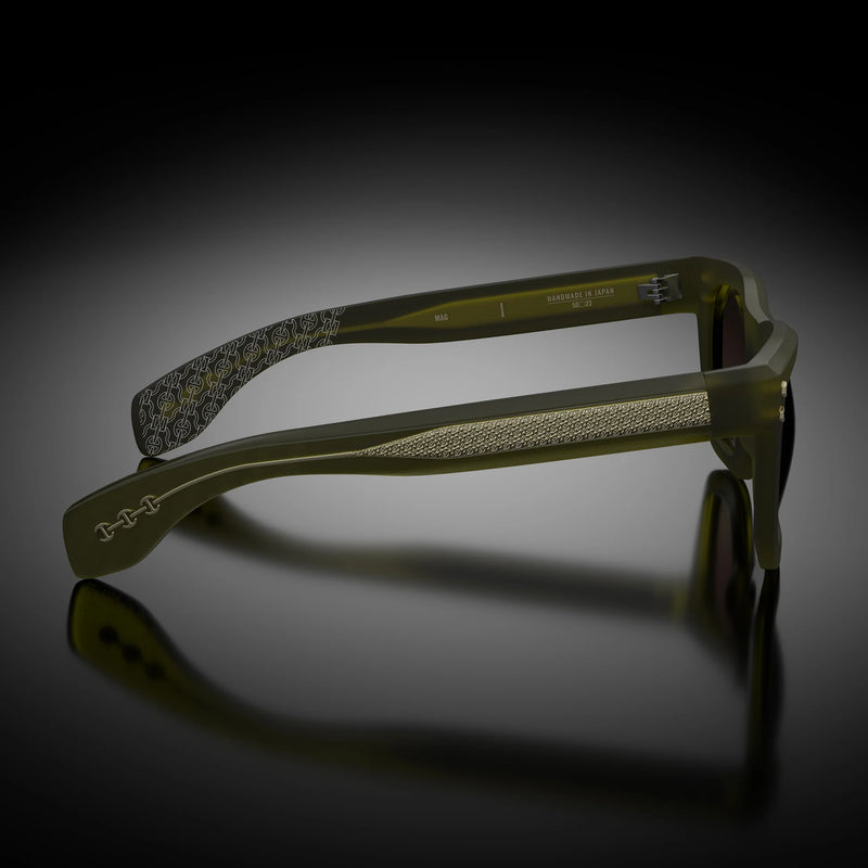 Hoorsenbuhs Model I Sunglasses, Matte Army Green Frame with 24k Gold Trim/Hardware and Brown Gradient Lenses. Handmade in Japan.