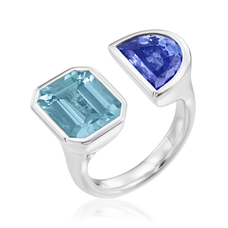 White Gold Spectrum Ring with Aquamarine and Half Moon Tanzanite