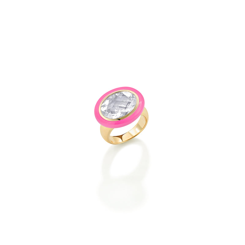 Arena Ring with Rock Crystal and Pink Enamel
