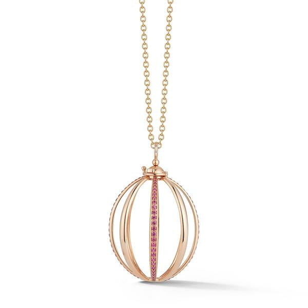 Medium Rose Gold Cage Pendant with Rubies