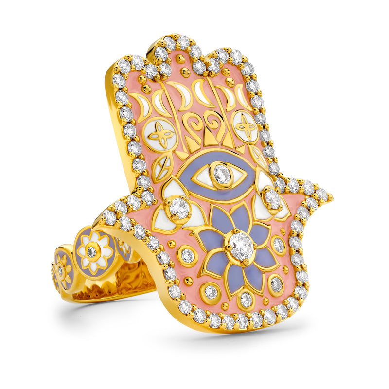 Pink Enamel Hamsa Ring