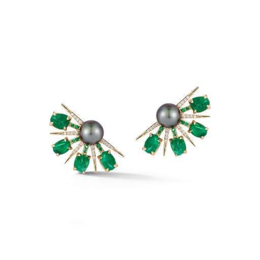 Muzo Emerald, Pearl and Diamond Fan Earrings